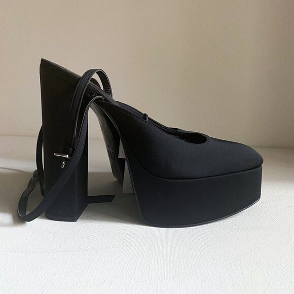 NWT Black Chunky Platform Nylon Ankle Wrap Closure heels 40 - Picture 3 of 11